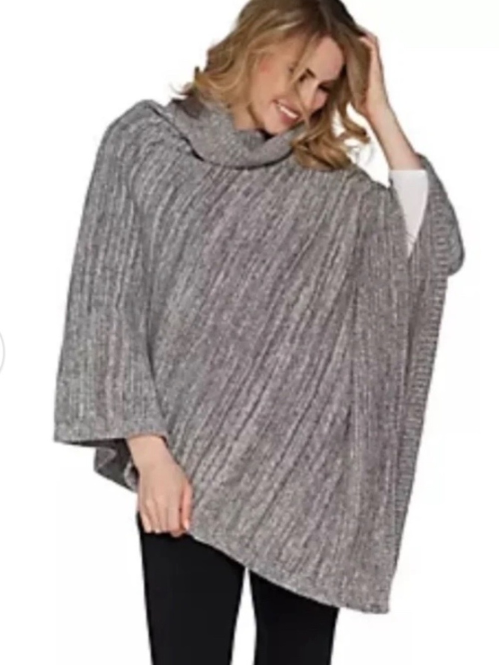 Barefoot Dreams CozyChic Point Dume Poncho Heather Indigo-Dove Gray OS - Picture 15 of 15